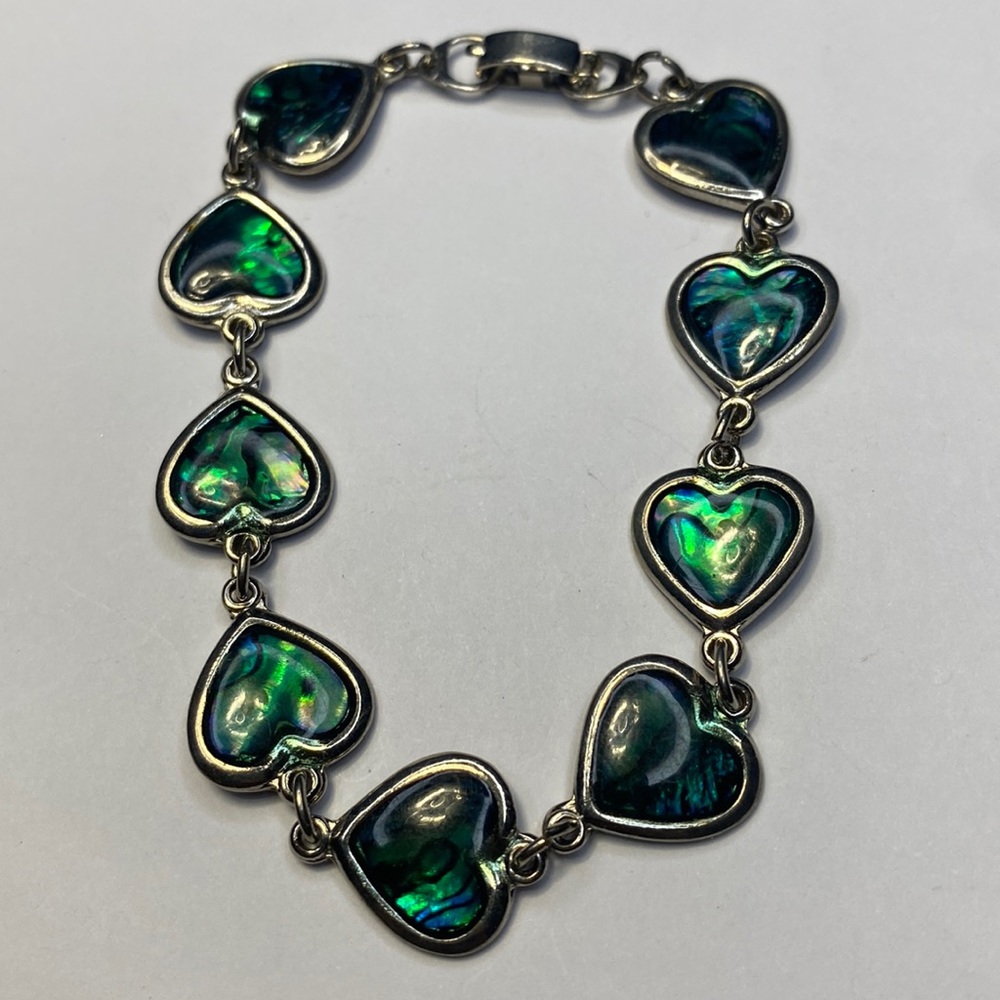 Vintage silvertone paua abalone shell emerald green hearts bracelet / anklet
